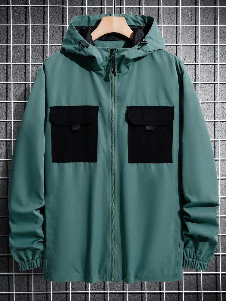 Men Flap Pocket Hooded Jacket