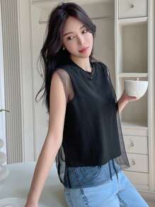 DAZY Chất rắn Lưới Áo ba lỗ - màu đen - Xem 1