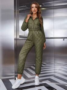 Eilly Bazar 休閒口袋 拉鍊 前紐扣純色女士連體褲