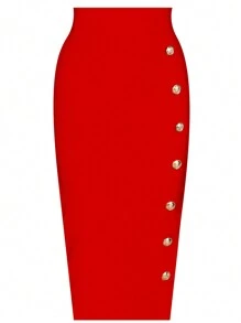 Girsdy Red Elegant Business Minimalist Women's Single-Breasted Design Solid Color Button Decor Slimming High Waist Elastic Bodycon Pencil Skirt, Commute & Casual Skirt - Red - View 1