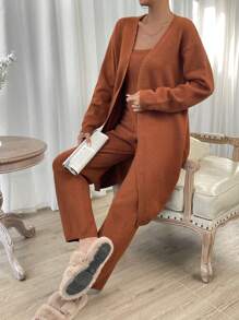Chiquease Solid Tube Knit Top & Knit Pants & Drop Shoulder Cardigan - Coffee Brown - View 3