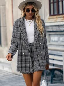 SHEIN Clasi Rock & Blazer Plaid doppelten Knopfleisten, - Schwarz und Weiss - Übersicht 6