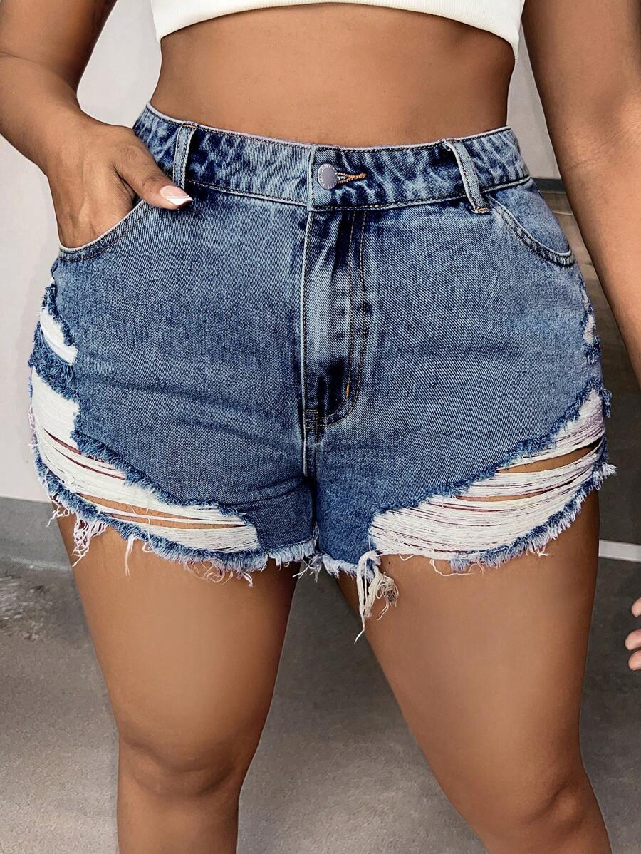 SHEIN SXY Plus Ripped Raw Hem Denim Shorts - Dark Wash - View 1