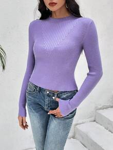 SHEIN Privé 素色條紋針織套頭毛衣 - 紫色 - 查看 6