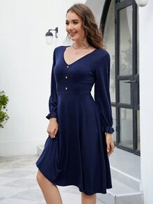 Flare Sleeve Button Detail A-Line Dress - Navy Blue - View 5