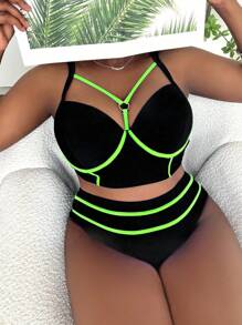 Slaydiva Plus Summer Beach Contrast Neon Trim Push Up Bikini Set - Black - View 5