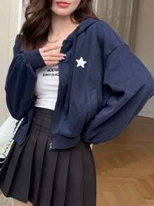 DAZY 星星图案落肩拉链连帽衫 Y2k，秋季服装运动衫夹克 - 藏蓝色 - 查看 4