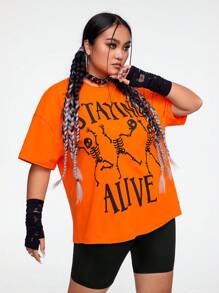 Sophie Gallo Design Plus Skull & Slogan Graphic Drop Shoulder Tee - Orange - View 1