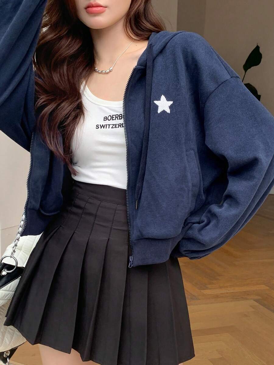 DAZY 星星图案落肩拉链连帽衫 Y2k，秋季服装运动衫夹克 - 藏蓝色 - 查看 1