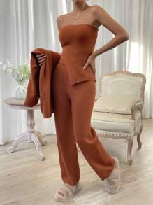 Chiquease Solid Tube Knit Top & Knit Pants & Drop Shoulder Cardigan - Coffee Brown - View 5