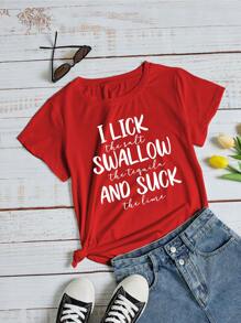 SHEIN LUNE Camiseta con estampado de slogan - Rojo - Ver 1