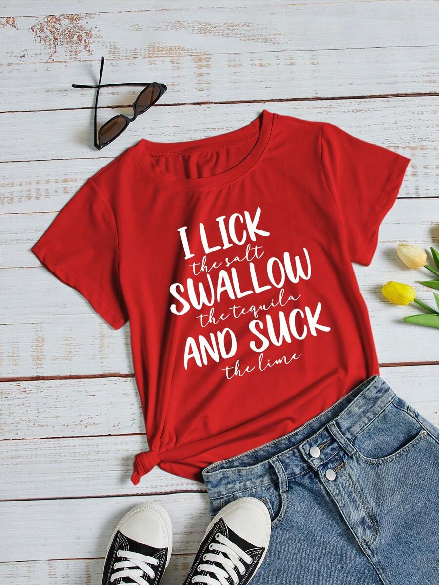 SHEIN LUNE Camiseta con estampado de slogan - Rojo - Ver 1