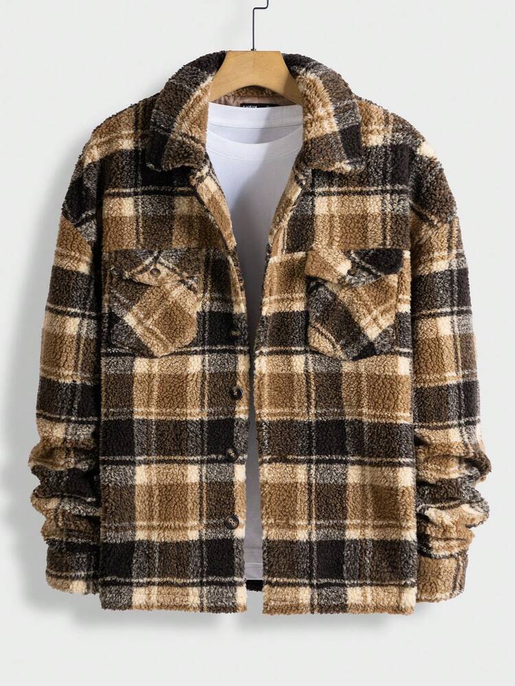 Loose Fit Men's Plaid Print Flap Pocket Jacket, For Fall Winter