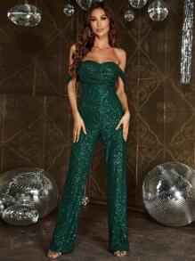 Off Shoulder Sequin Jumpsuit - Dark Green - View 1