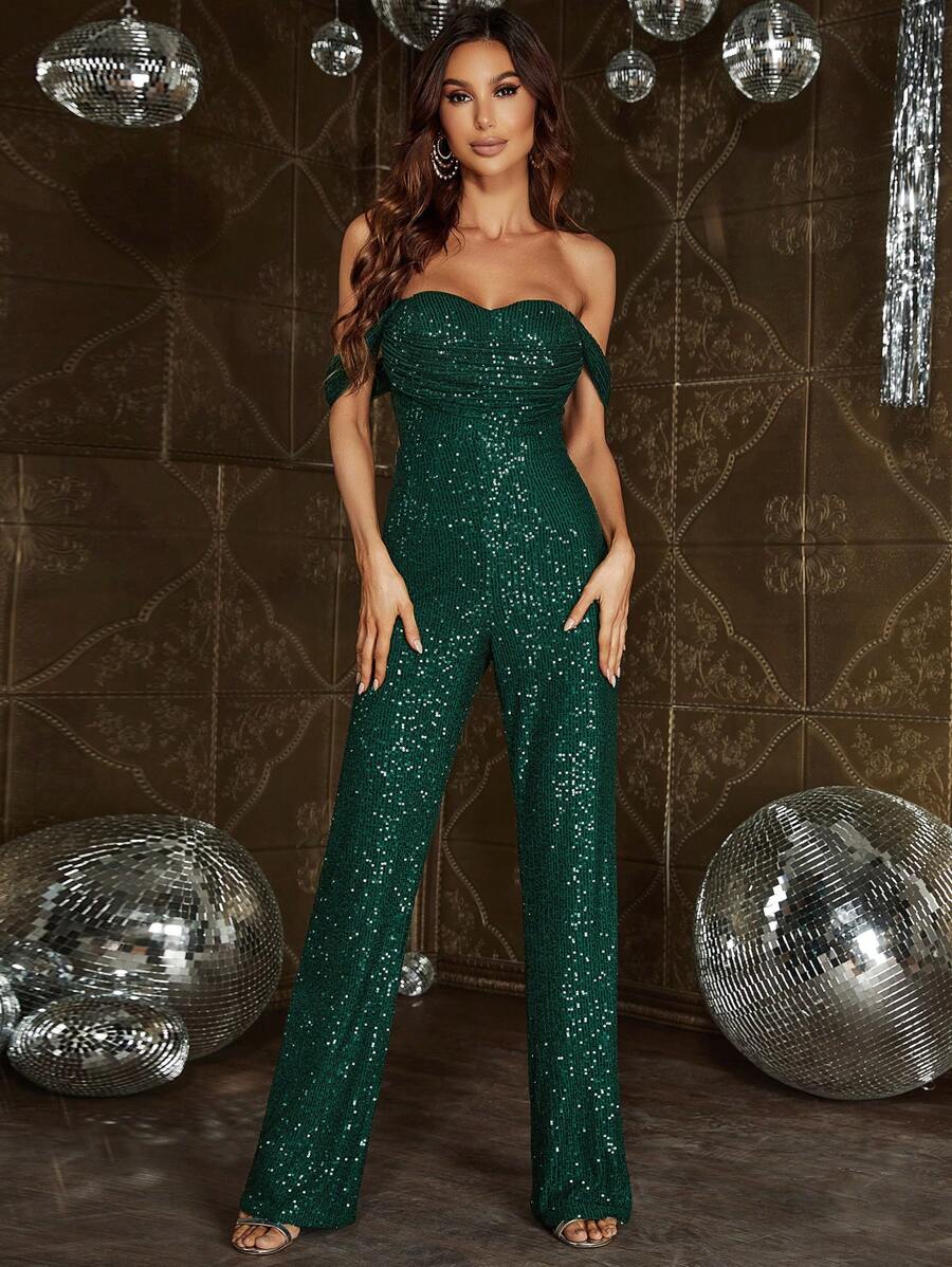 Off Shoulder Sequin Jumpsuit - Dark Green - View 1