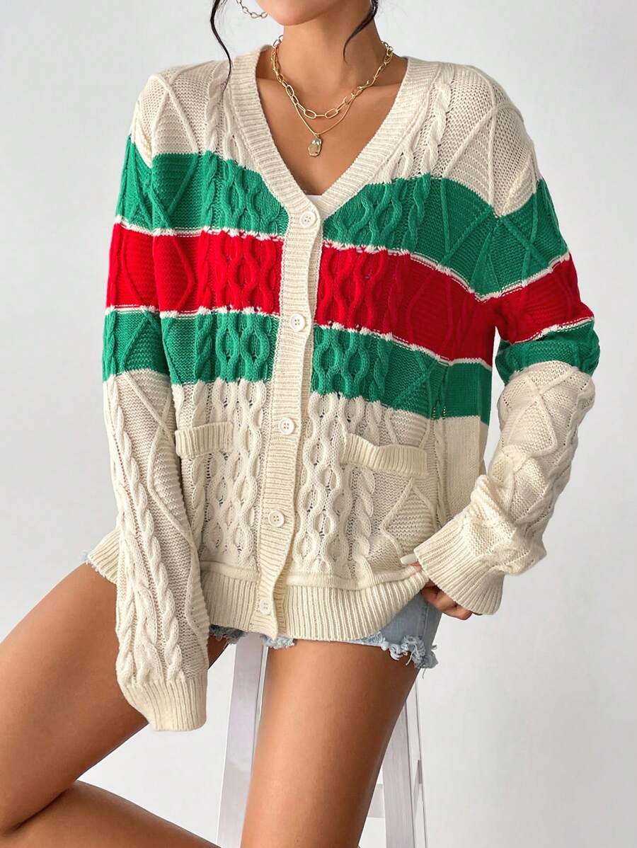 SHEIN Unity Color Block Cable Knit Drop Shoulder Cardigan | SHEIN USA