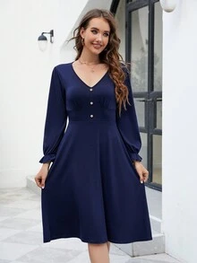 Flare Sleeve Button Detail A-Line Dress - Navy Blue - View 3
