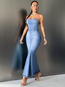 SHEIN Privé 魚尾裙下擺抹胸牛仔連衣裙 - 淺色水洗藍 - 查看 1