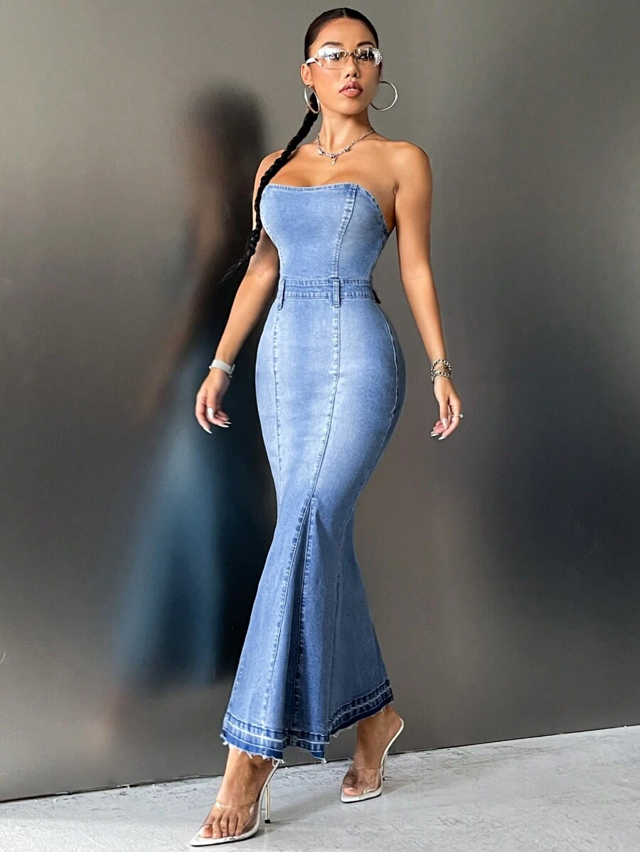 SHEIN Privé 魚尾裙下擺抹胸牛仔連衣裙 - 淺色水洗藍 - 查看 1