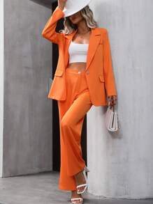 SHEIN Privé Lapel Neck Single Button Blazer & Pants - Orange - View 4