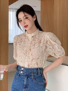 DAZY Bluse mit Blume Stickerei, Puffärmeln, Spitze - Beige - Übersicht 5