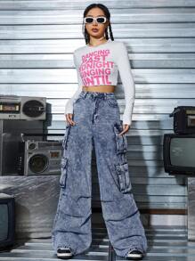 SHEIN Coolane Flap Pocket Cargo Jeans - Dark Wash - View 4