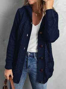 CILKOO 麻花編織前紐扣保暖連帽開襟衫 - 藏蓝色 - 查看 5