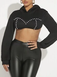 SHEIN SXY 仿珍珠串珠露脐连帽衫，新年派对性感款 - 黑色 - 查看 5