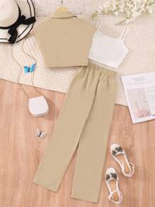 SHEIN Tween Girl Lapel Neck Vest Blazer & Pants & Ruched Crop Cami Top
