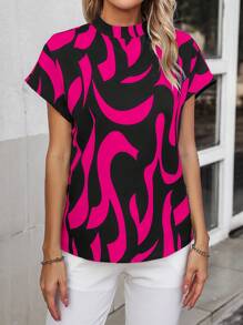 SHEIN Clasi 圖案印花蝙蝠袖小高領襯衫 - 玫紅色 - 查看 5