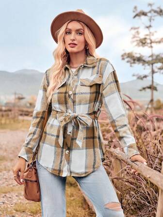 Plaid Print Drop Shoulder Belted Coat