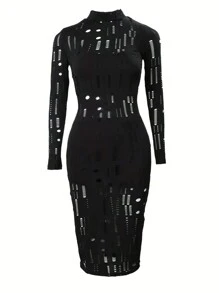 ChicMe 3 Piece Long Sleeve Hollow Out Sheer Slim Fit Sleeveless Top With Short With Vintage Midi Bodycon Dress Sexy Outfit