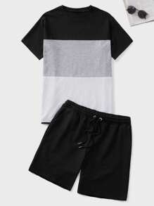 RueChic Men Colour Block Tee & Drawstring Waist Shorts - Multicolor - View 1