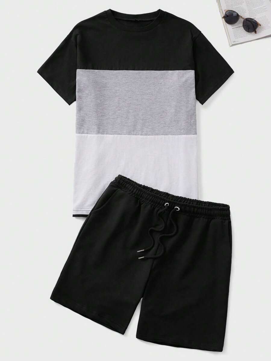 RueChic Men Colour Block Tee & Drawstring Waist Shorts - Multicolor - View 1