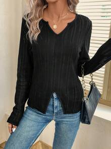 SHEIN LUNE 缺口領下擺開叉T恤 - 黑色 - 查看 3