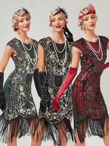 Floral Sequin Fringe Hem Dress - Green - View 1