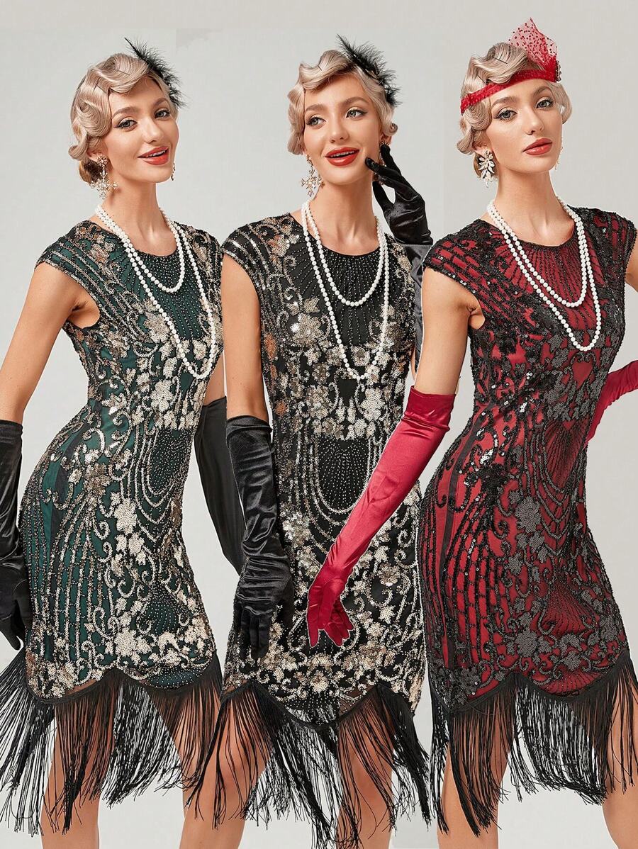 Floral Sequin Fringe Hem Dress - Green - View 1