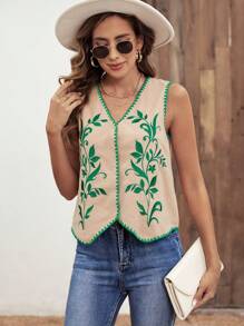 SHEIN LUNE 植物刺繡對比不對稱下擺無袖襯衫 - 杏色 - 查看 1