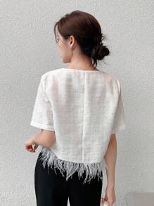 DAZY 毛茸邊前紐扣短夾克 - 白色 - 查看 6