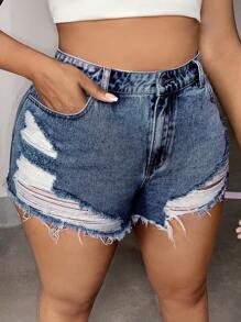 SHEIN SXY Plus Ripped Raw Hem Denim Shorts - Dark Wash - View 4