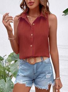 SHEIN LUNE Solid Button Front Sleeveless Shirt - Rust Brown - View 3