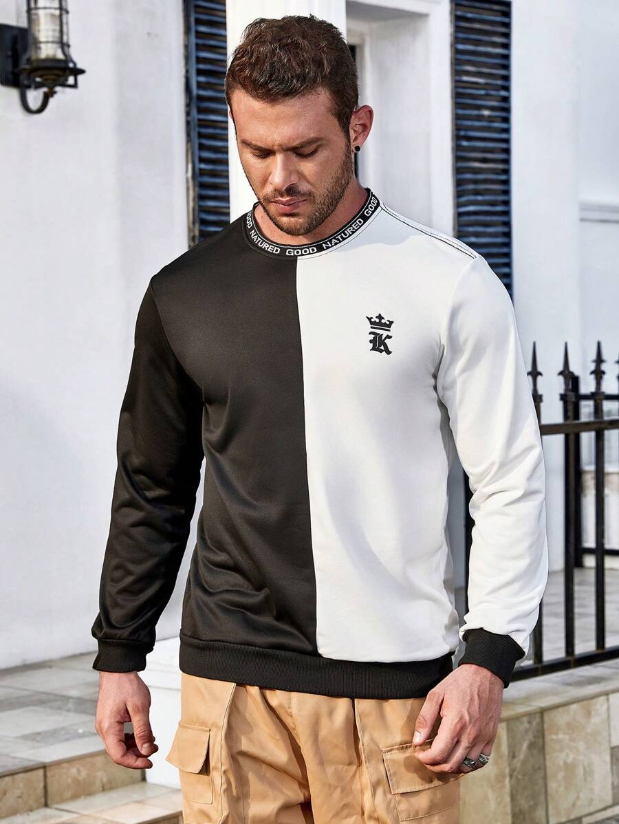 Manfinity Homme Men Plus Two Tone Letter Graphic Sweatshirt - Black and White - View 1