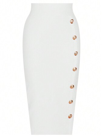  Girsdy 白色优雅商务简约女士单排扣纯色纽扣装饰修身高腰弹力包臀铅笔裙，通勤休闲裙