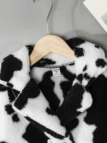 SHEIN Cô gái Tween Hình con bò Cổ áo Flannel Áo khoác - Đen và trắng - Xem 6