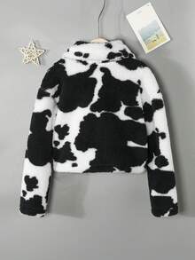 SHEIN Cô gái Tween Hình con bò Cổ áo Flannel Áo khoác - Đen và trắng - Xem 2