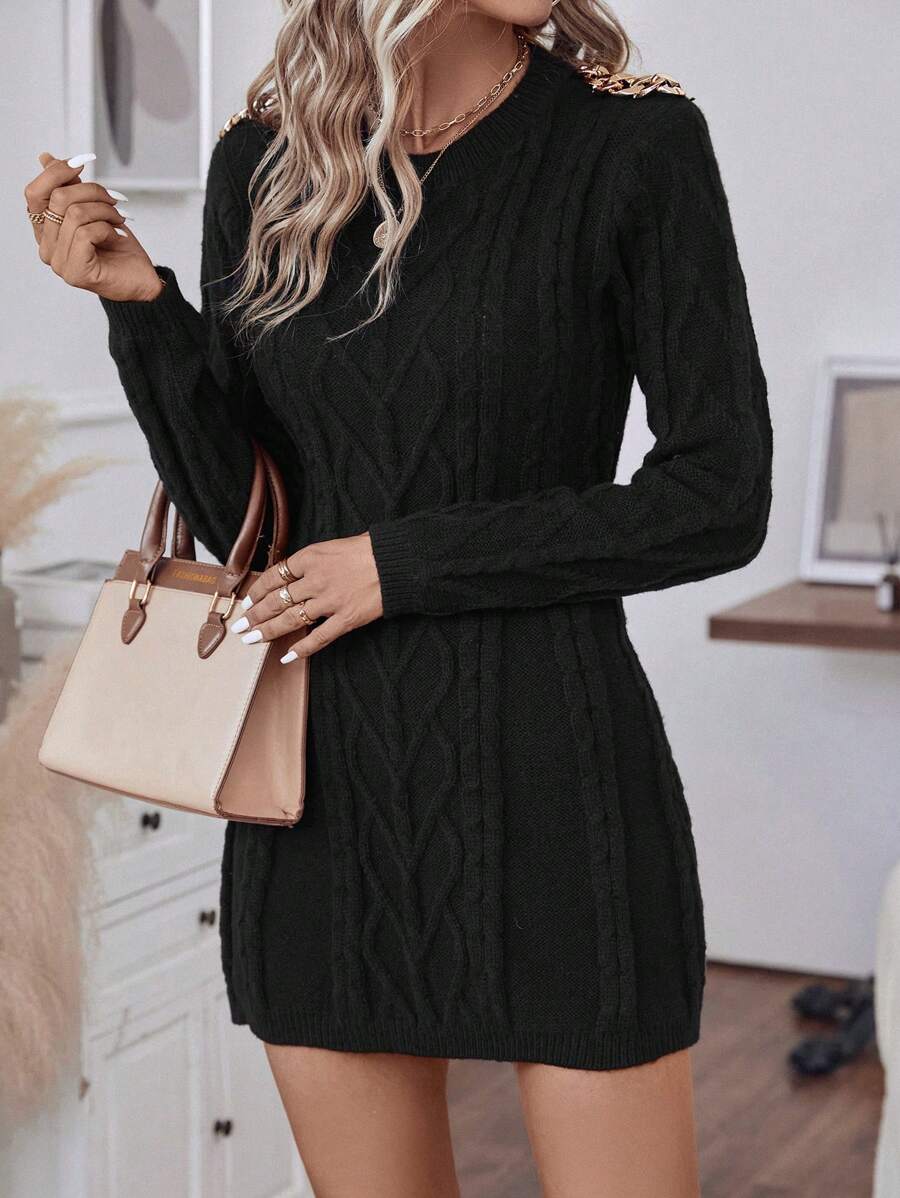 SHEIN Clasi 麻花編織毛衣洋裝 - 黑色 - 查看 1