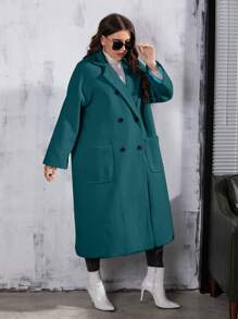 Modelyn Plus Lapel Neck Double Breasted Overcoat - Teal Blue - View 3