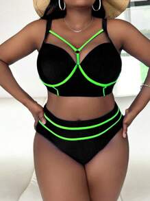 Slaydiva Plus Summer Beach Contrast Neon Trim Push Up Bikini Set - Black - View 4