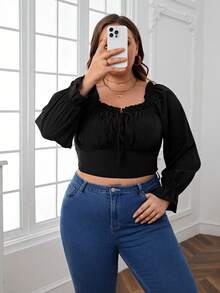 SHEIN Privé Plus Off Shoulder Flare Sleeve Knot Front Crop Blouse - Black - View 6