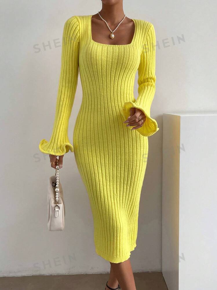 SHEIN Raffinea Square Neck Flare Sleeve Sweater Dress SHEIN